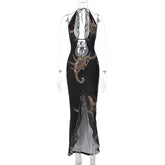Printed Low Cut Halter Strap Backless Maxi Dress
